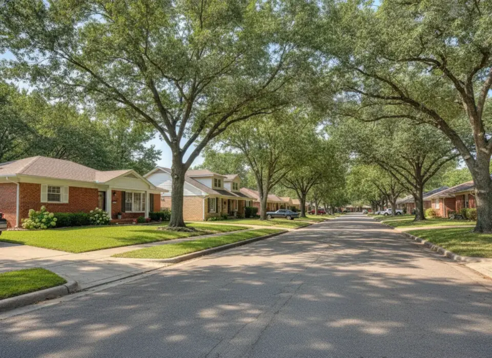 Tulsa neighborhood street with brick ranch homes