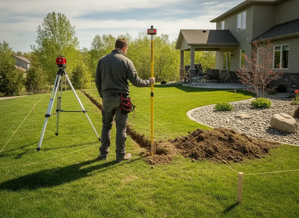 Contractor checking yard grade with a laser level