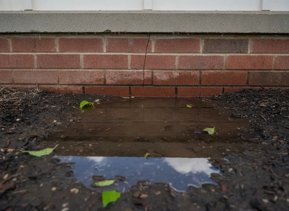 Water pooling against a home's foundation after rain
