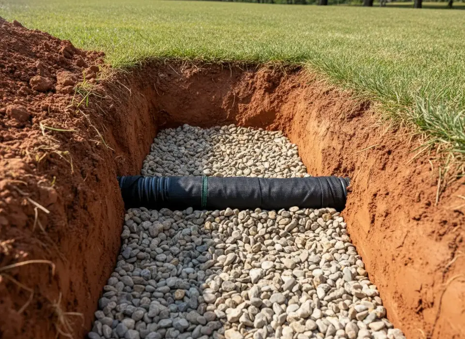 Open French drain trench with gravel and perforated pipe