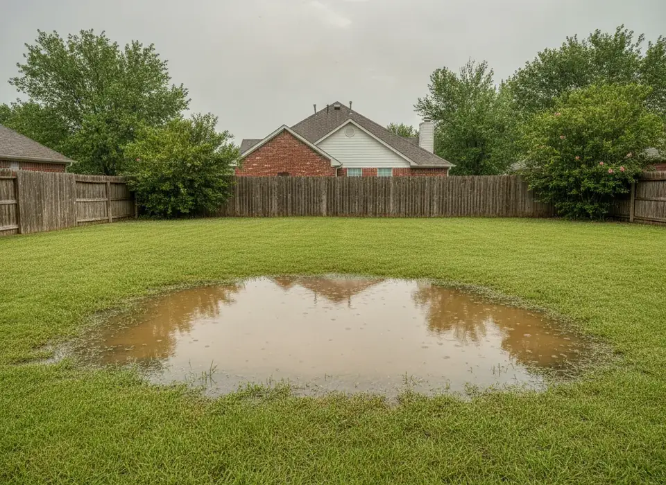 Standing water in a backyard lawn after rain
